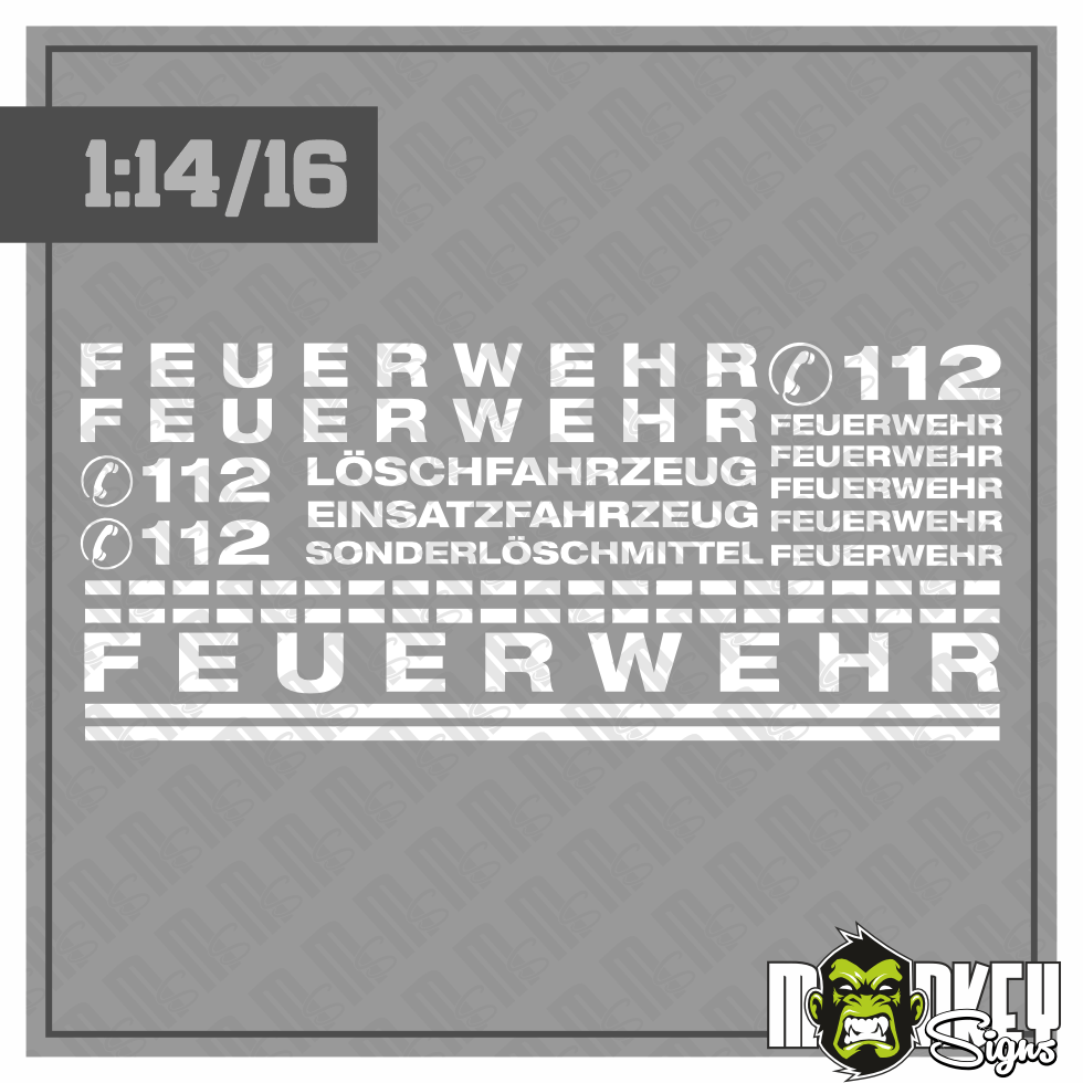 18 Teiliges Aufkleber Set Feuerwehr Weiss Passend Fur 114 116 RC LKW Truck Modellbau Beschriftung