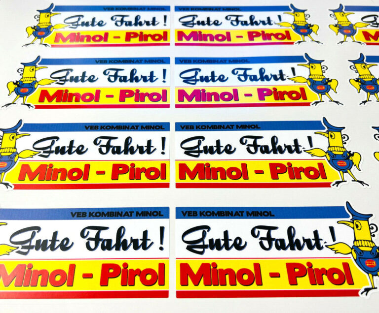2er Minol Pirol Gute Fahrt! Werbung Oldschool Aufkleber Trabant Wartburg Sticker