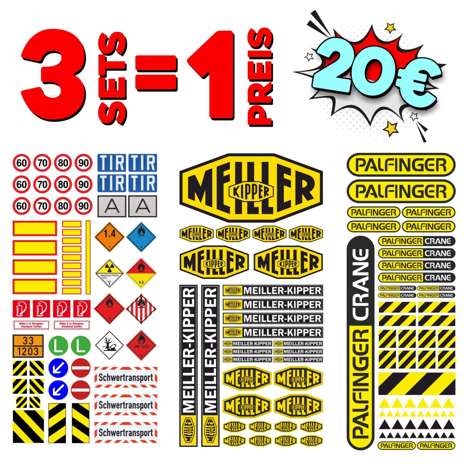 3er Set 114 116 Aufkleber MEILLER PALFINGER WARN RC Tamiya Wedico Decal Modellbau Beschriftung