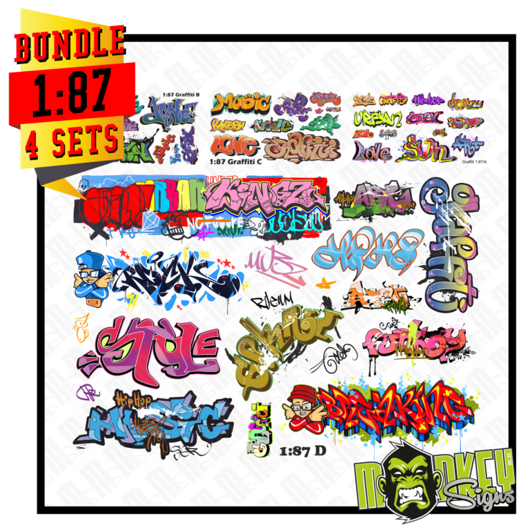 4x Bundle Waterslide Decal 1:87 H0 - Dekor Graffiti & Tags Modellbahn Modellauto