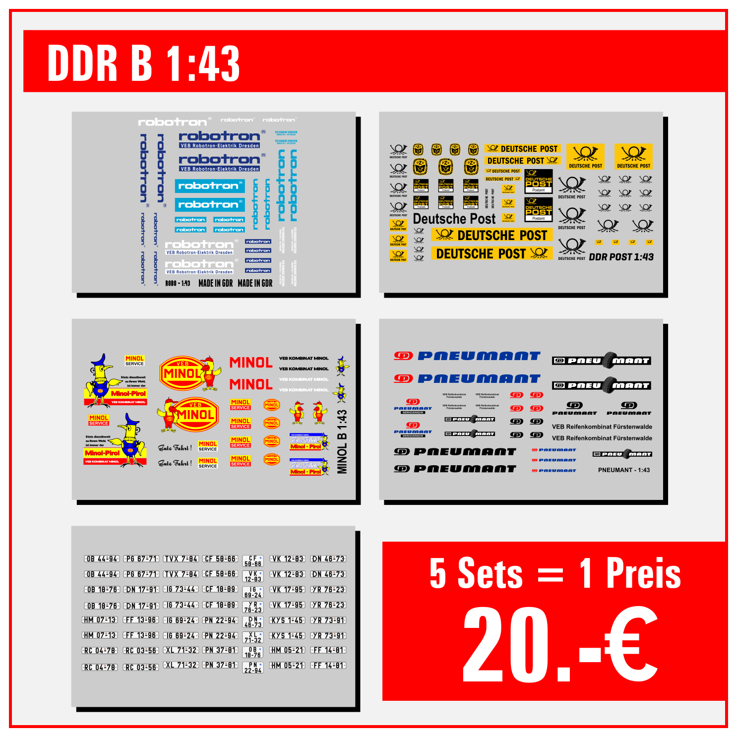 5-Sets-Waterslide-Decal-143-DDR-Kennzeichen-Post-Minol-Robotron-Pneumant-modellbau-beschriftung-2.png 5 Sets - Waterslide Decal 1:43 - DDR Kennzeichen Post Minol Robotron Pneumant – Bild 2