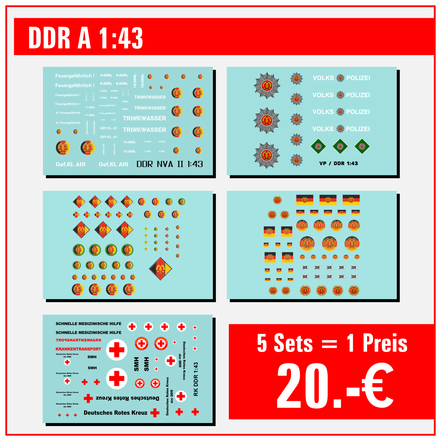 5-Sets-Waterslide-Decal-143-DDR-NVA-Grenze-Volkspolizei-VP-DRK-Tankwagen-modellbau-beschriftung-2.png 5 Sets - Waterslide Decal 1:43 - DDR NVA Grenze Volkspolizei VP DRK Tankwagen – Bild 2