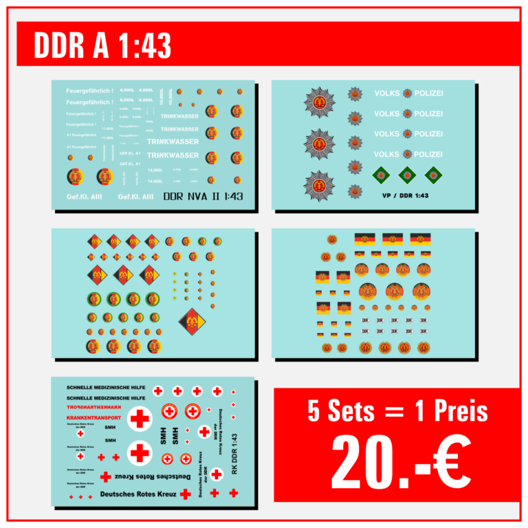 5 Sets - Waterslide Decal 1:43 -  DDR NVA Grenze Volkspolizei VP DRK Tankwagen