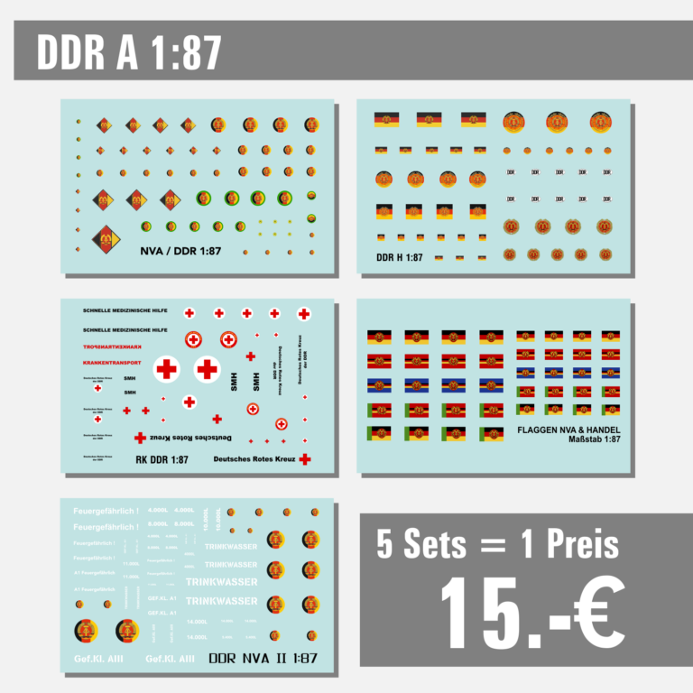 5 Sets - Waterslide Decal 1:87 - DDR NVA DRK Tankfahrzeug Grenze Flaggen / A