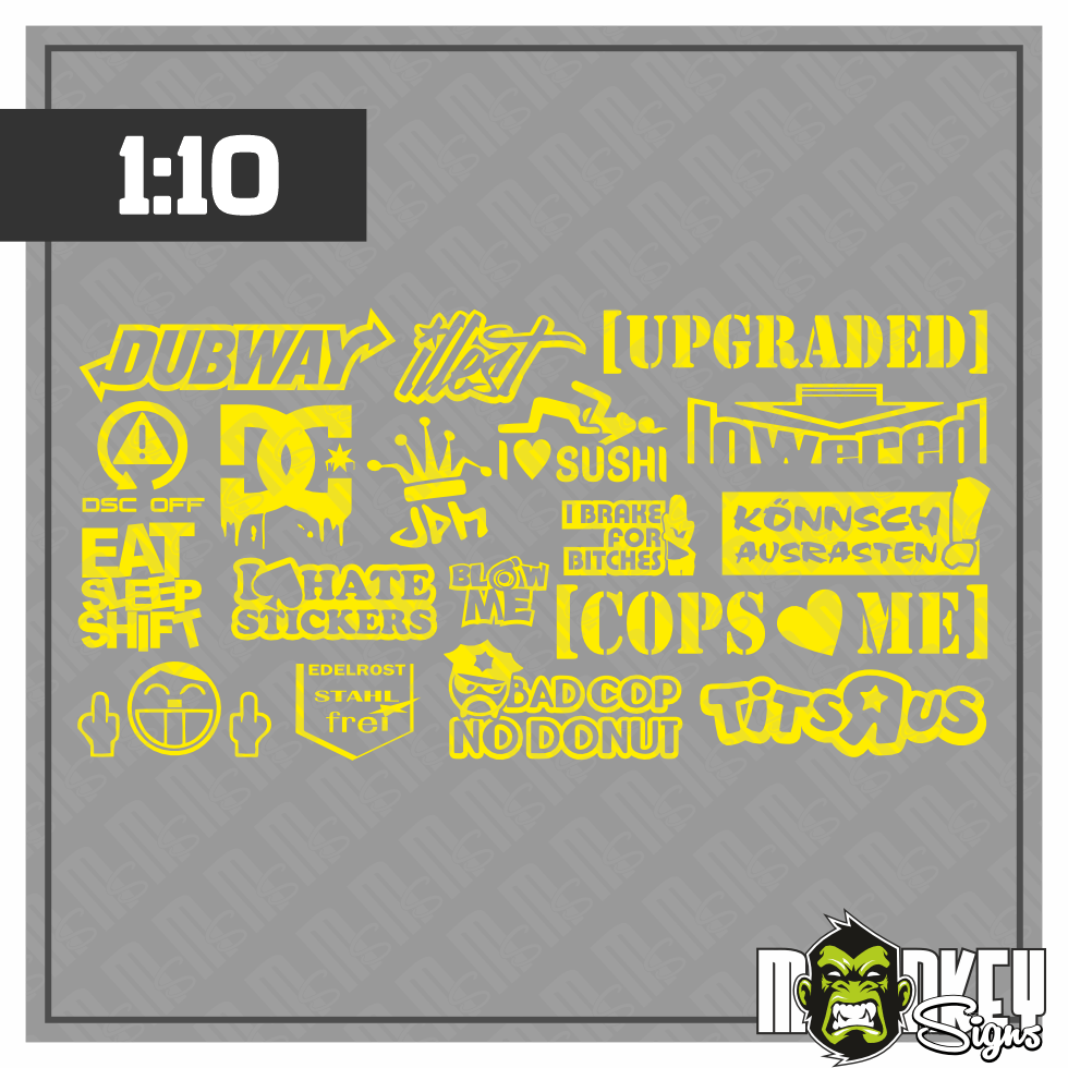 Aufkleber Set JDM Drifter 110 RC Auto Modellbau Tuning Sticker ASIA Gelb Modellbau Beschriftung