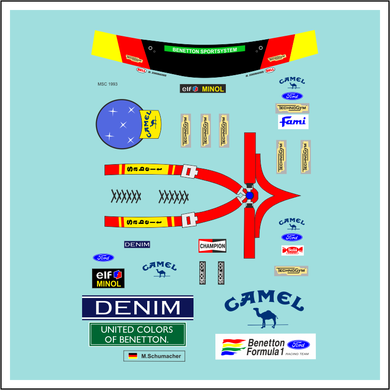 F1 Decal 118 Benetton Renault Figur 1993 Figurenset Schumacher Formel 1 B193 Modellbau Beschriftung