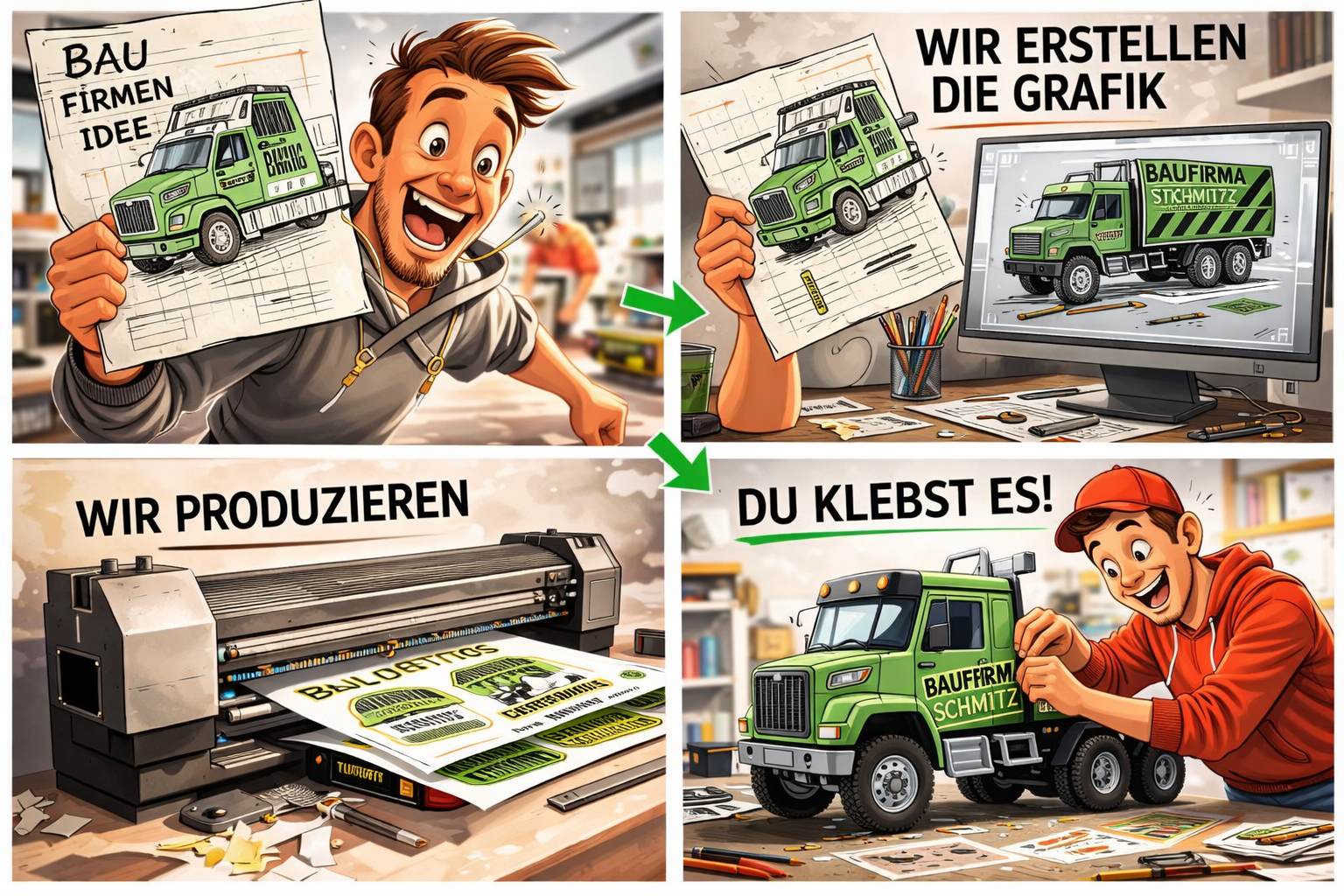 Vom Entwurf über die Produktion bis zur fertigen individuellen Baufirmabeschriftung am RC-Truck