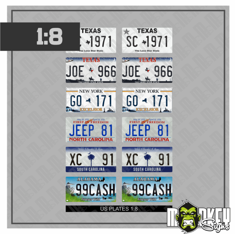 Modellbau Kennzeichen Kennzeichen Set USA 1:8 US License Plates Decals für Modellautos Diorama Set