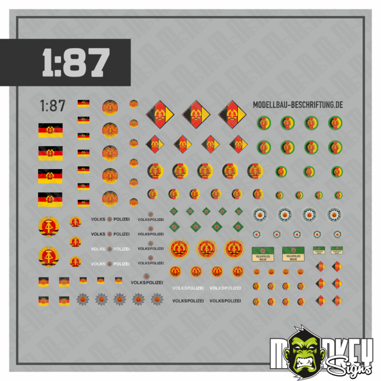 Mehrteiliges Set DDR Wappen NVA Volkspolizei Beschriftung Decals 1:87 Spur H0