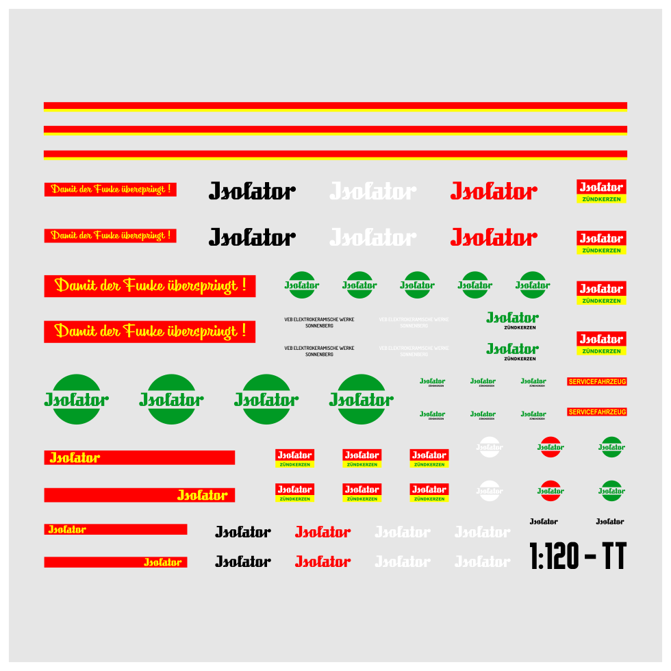 Waterslide Decal 1120 TT DDR Isolator Zundkerzen W50 Truck LKW Multicar Modellbau Beschriftung