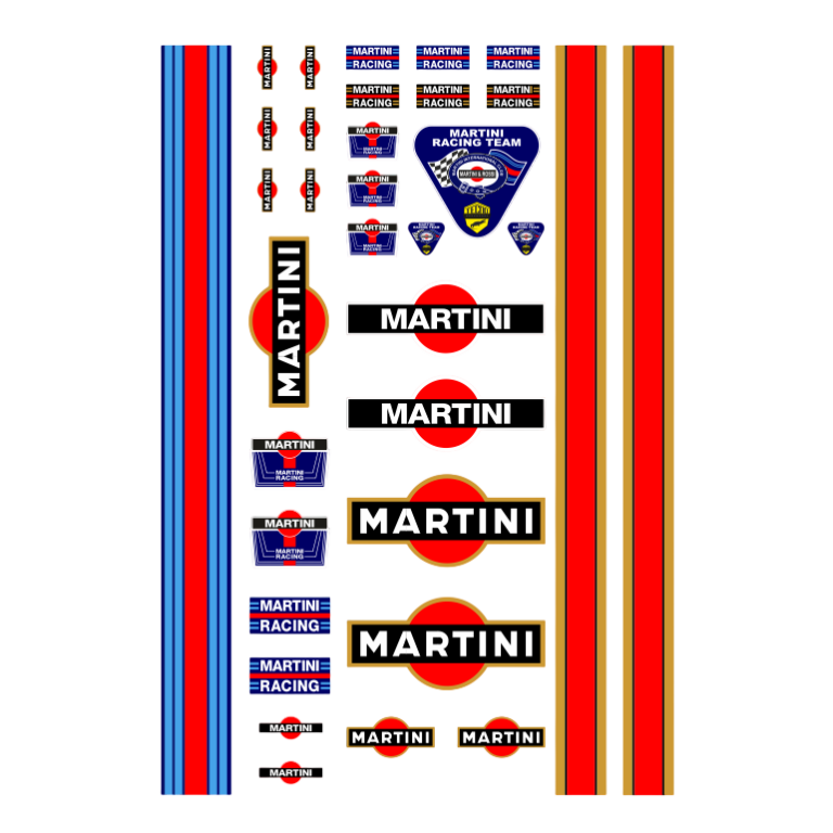 Waterslide Decal 1:24 / 1:18 - 34tlg. Martini Racing Slotcar Gasloine USA Muscle