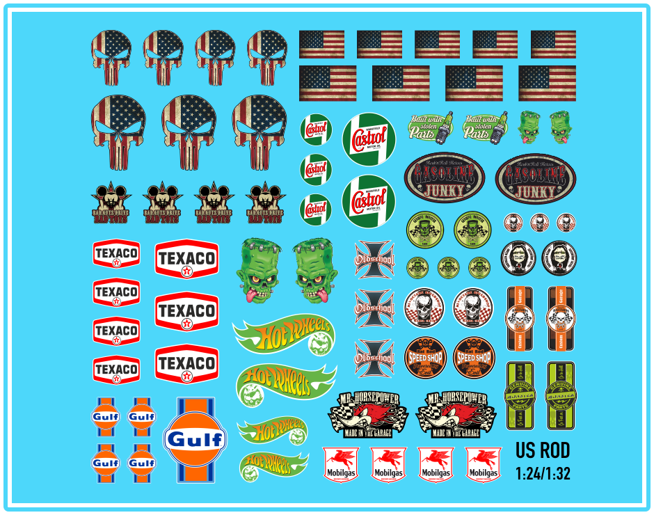 Waterslide Decal 124 132 US Rat Rod Racing Slotcar Gasoline USA Muscle V8 Modellbau Beschriftung