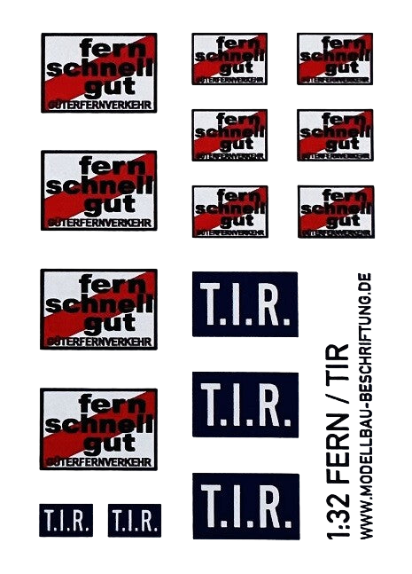 Waterslide Decal 1:32 - 15tlg. Fern TIR MarGe Welly Actros MAN Scania Truck