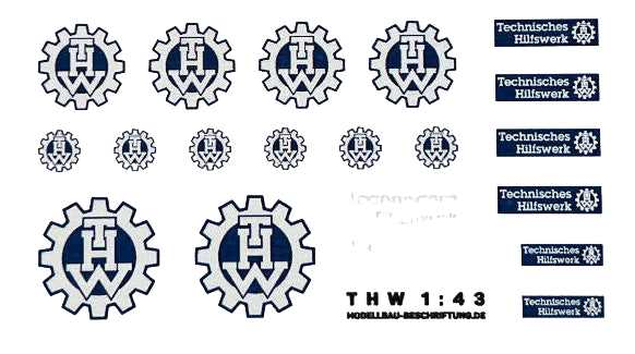 Waterslide Decal 143 20tlg THW Technisches Hilfswerk LKW Transporter BRD Modellbau Beschriftung