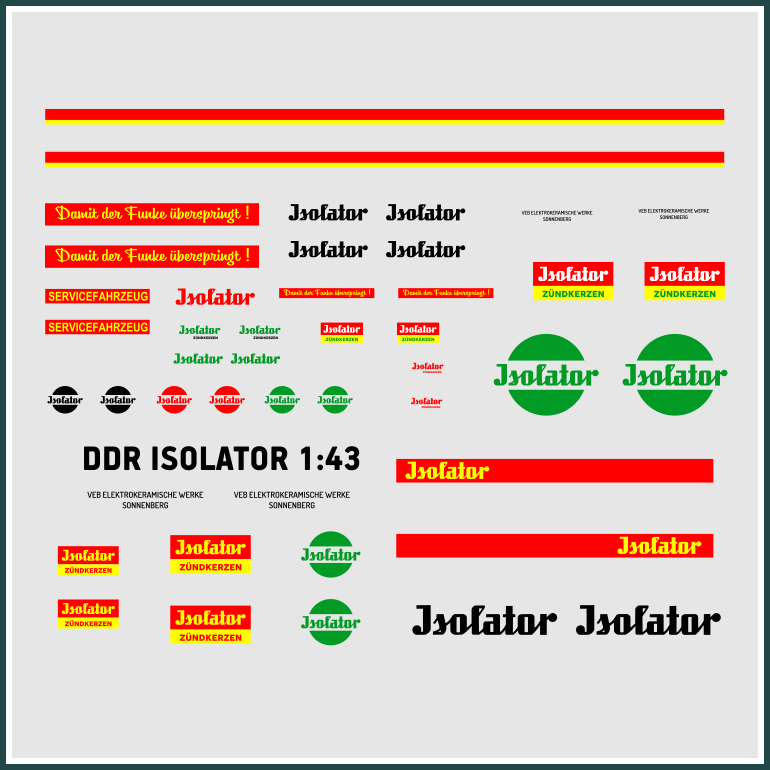 Waterslide Decal 143 DDR Isolator Zundkerze W50 B1000 Trabant Modellauto Modellbau Beschriftung