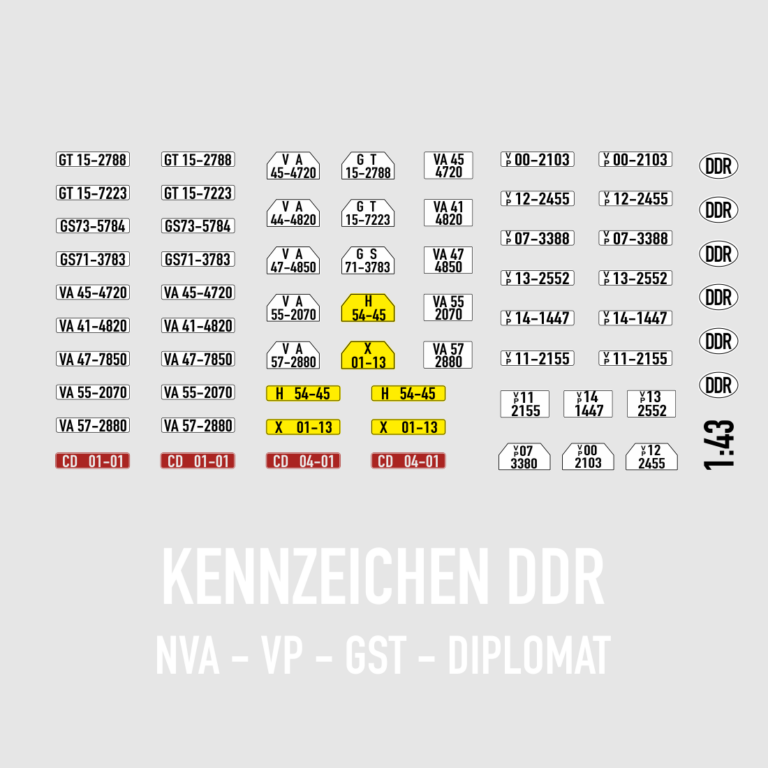 Waterslide Decal 1:43 - DDR Kennzeichen - NVA Armee / VP Volkspolizei / GST