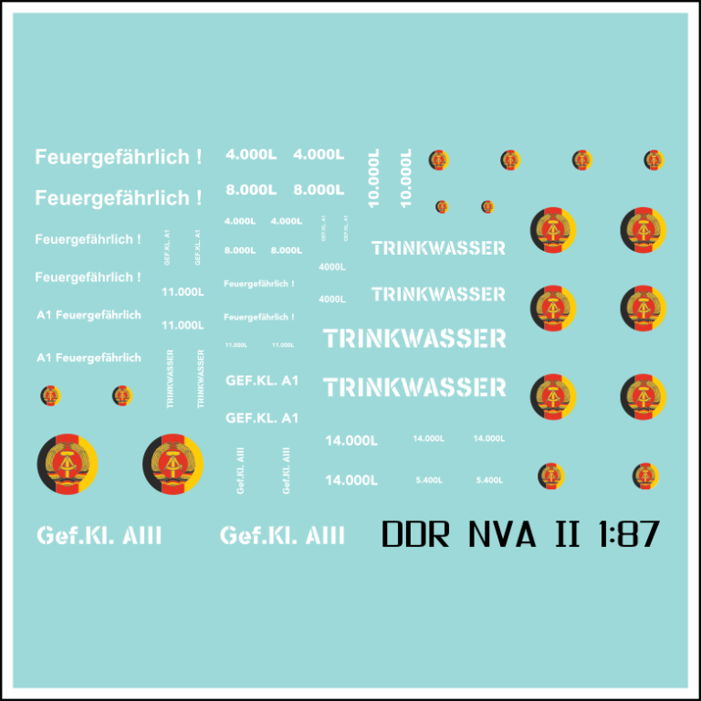 Waterslide Decal 1:87 - DDR NVA Tankwagen Benzin - W50 Truck LKW Trinkwasser