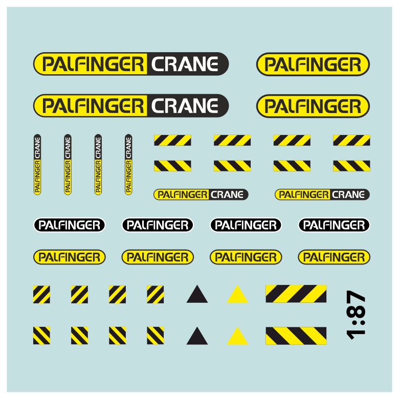 Waterslide Decal 187 Palfinger Kran Baumaschine LKW Radlader Modellbahn H0 Modellbau Beschriftung