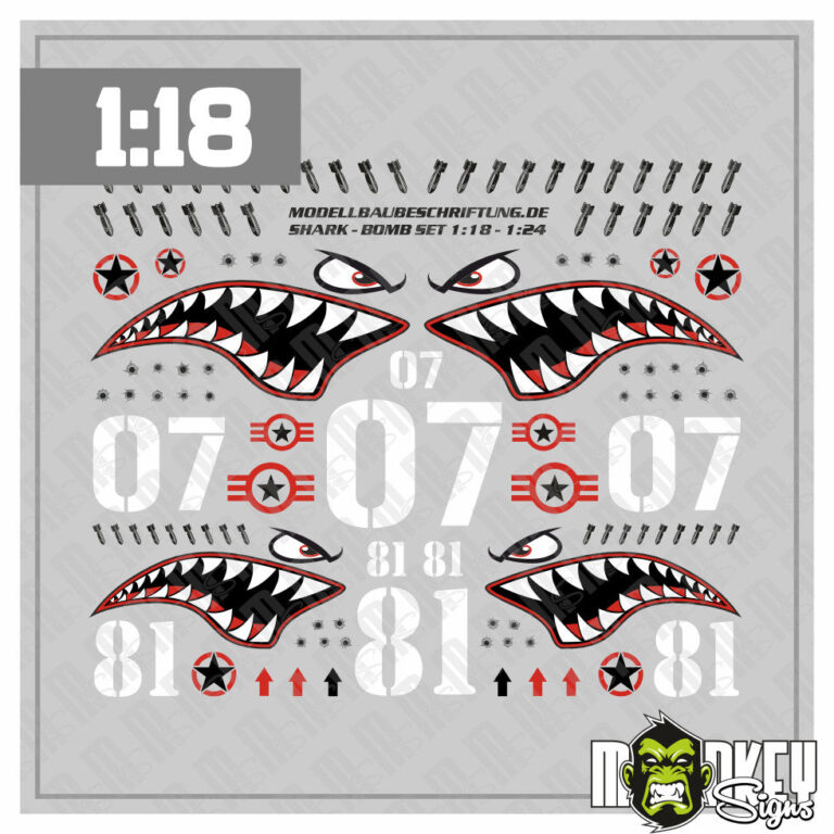 Hai / Shark Aufkleber Set 1:18 RC Sticker Modellbau Beschriftung Bomb Military