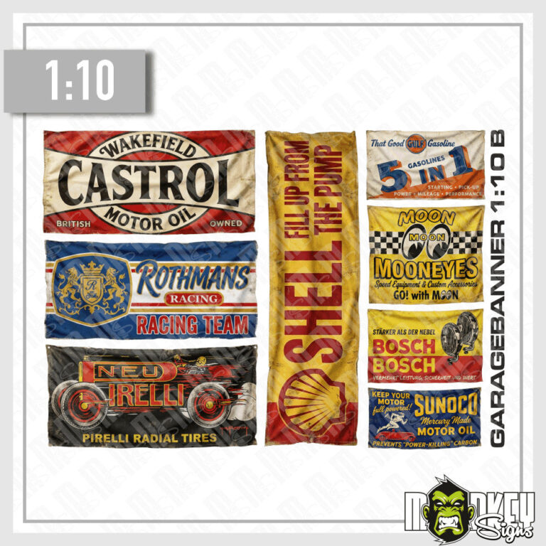 RC Crawler & Truck Beschriftungen Vintage Garagenbanner Aufkleber Set 1:10 Oldschool Werkstatt Banner für Diorama