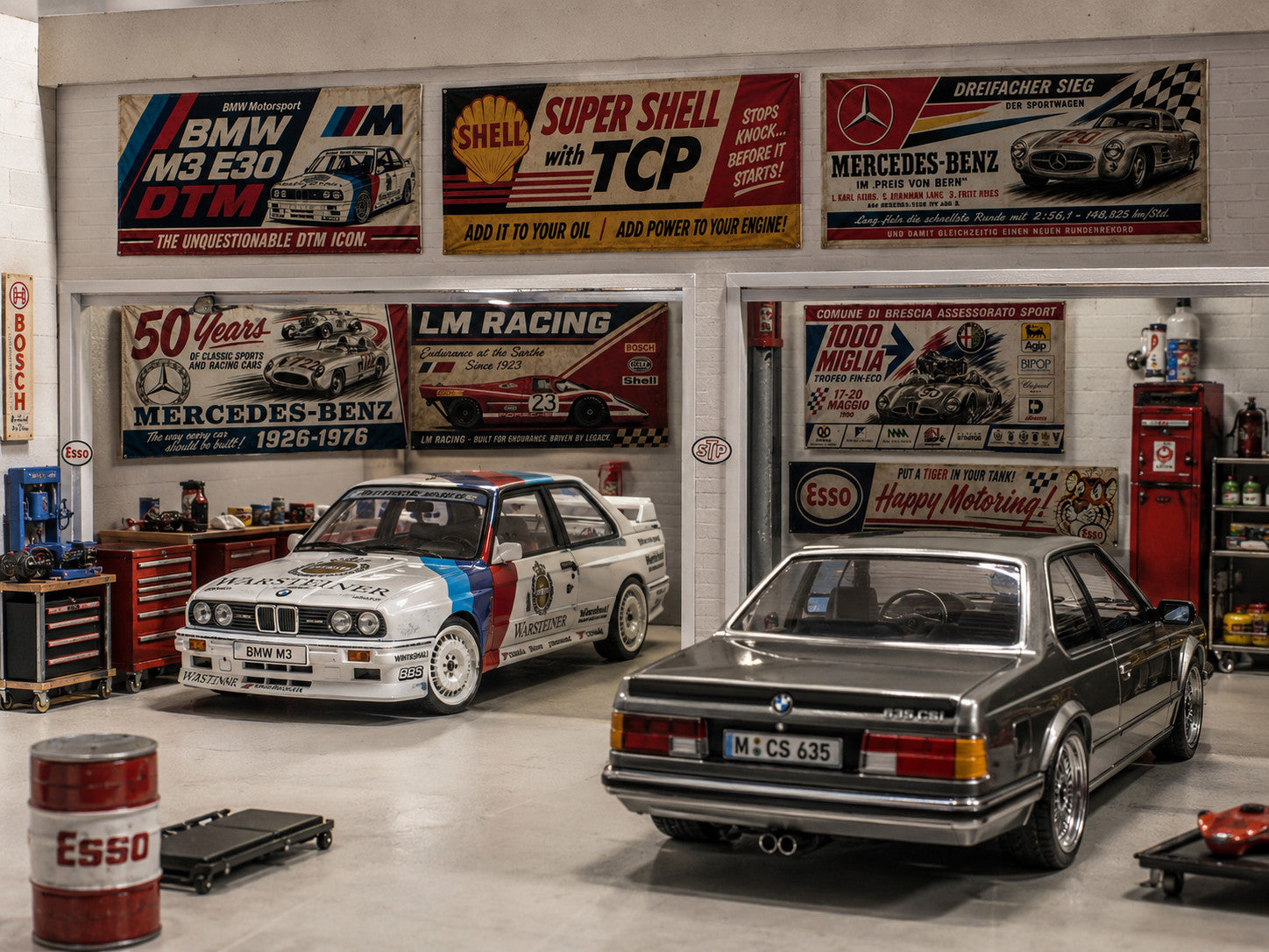s-l1600_3312e0ff-a13e-4b8f-a20f-2d89942ae9f4.jpg 7tlg. Retro Garagen Banner Set 1:32 1:24 Carrera Slotcar Modellbau Diorama B – Bild 2