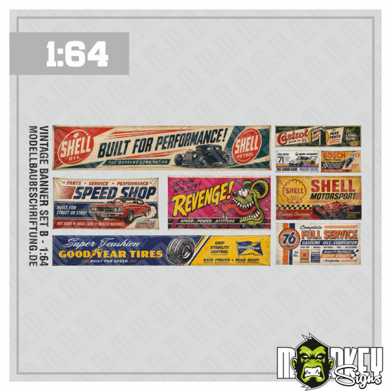 1:64 Banner B US Garage Vintage Werbung Diorama Werkstatt Modellbau Aufkleber