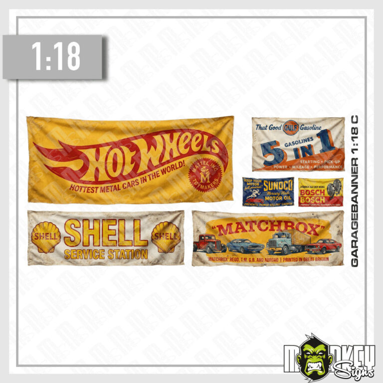 Vintage Garagenbanner Set 1:18 – Oldschool Werkstatt Banner Retro für Diorama C