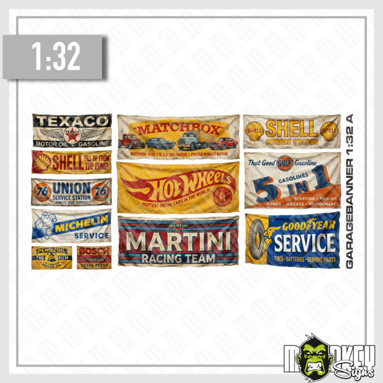 12tlg. Vintage Garagenbanner 1:32 Carrera Slotcar Werkstatt Diorama Set Retro
