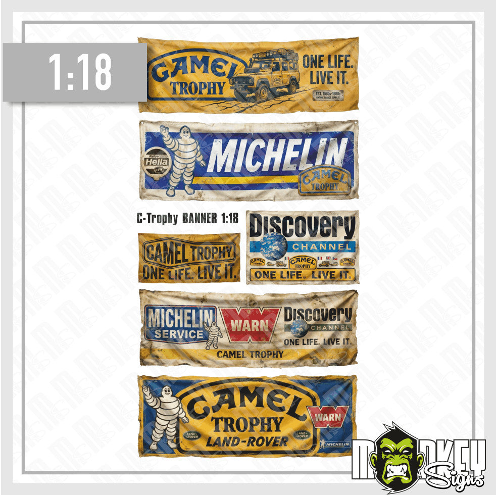 s-l1600_644f8f1c-7278-470e-be23-5356dd047a81.jpg Camel Trophy Banner Set 1:18 RC Crawler Offroad Werkstatt Deko Vintage Style – Bild 3