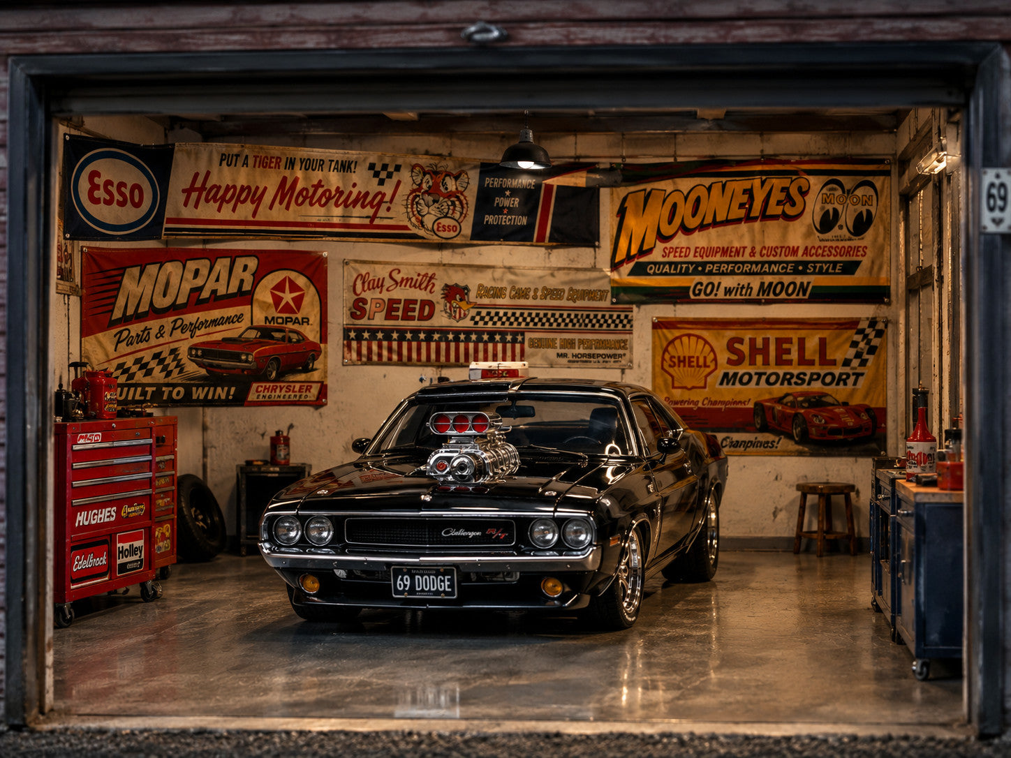 s-l1600_89d3477d-7eb1-4632-814f-b8d3109c1ca5.jpg 4tlg. Aufkleber Werkstattbanner 1:18 US Car V8 Garage Diorama Set Mopar Shop A – Bild 3