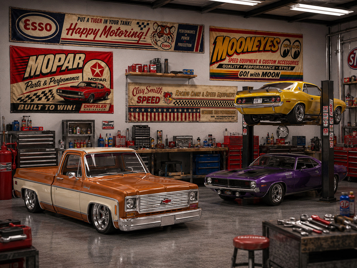 s-l1600_8a8ba435-9882-4abd-8335-7d0889c4f887.jpg 4tlg. Aufkleber Werkstattbanner 1:18 US Car V8 Garage Diorama Set Mopar Shop A – Bild 2