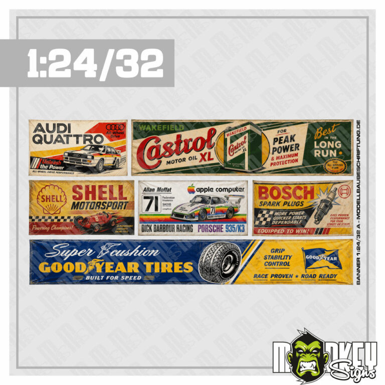 6tlg. Vintage Werkstattbanner 1:32 1:24 Carrera Slotcar Garage Diorama Set A