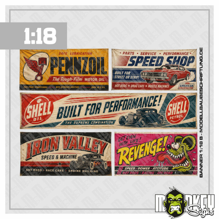 5tlg. Used Vintage Banner 1:18 US Car V8 Garage Diorama Set Mopar Shop B