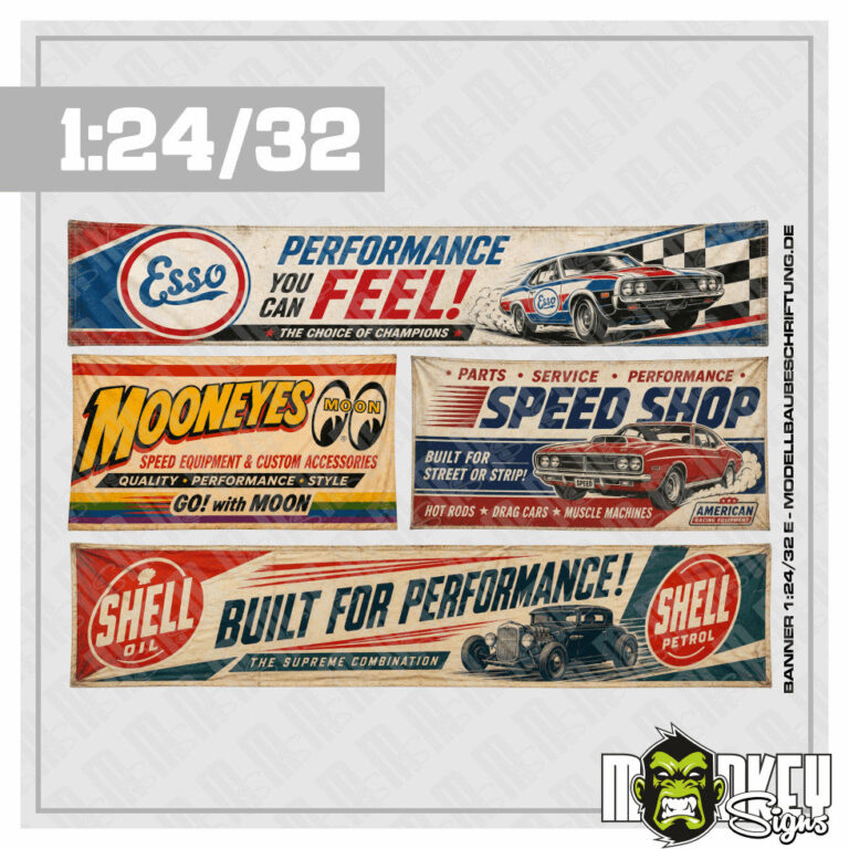 4tlg. Vintage Garagenbanner 1:32 1:24 Carrera Slotcar Werkstatt Diorama Retro E