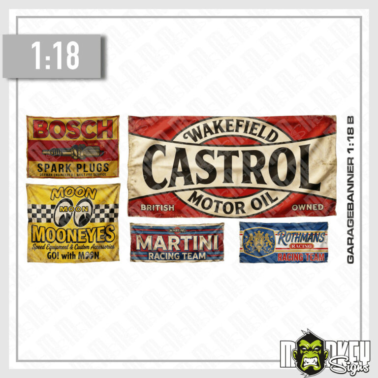 Vintage Werkstatt Banner Set 1:18 – RC Garage & Diorama US Cars & Hotrods B
